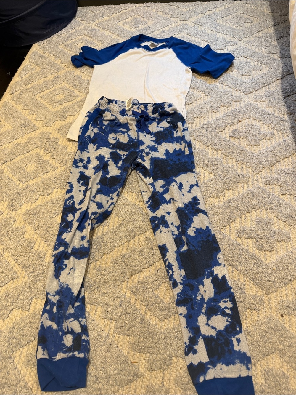 Kids Blue and White Tie-Dye Pajama Set - Short Sleeve Top & Jogger Pants